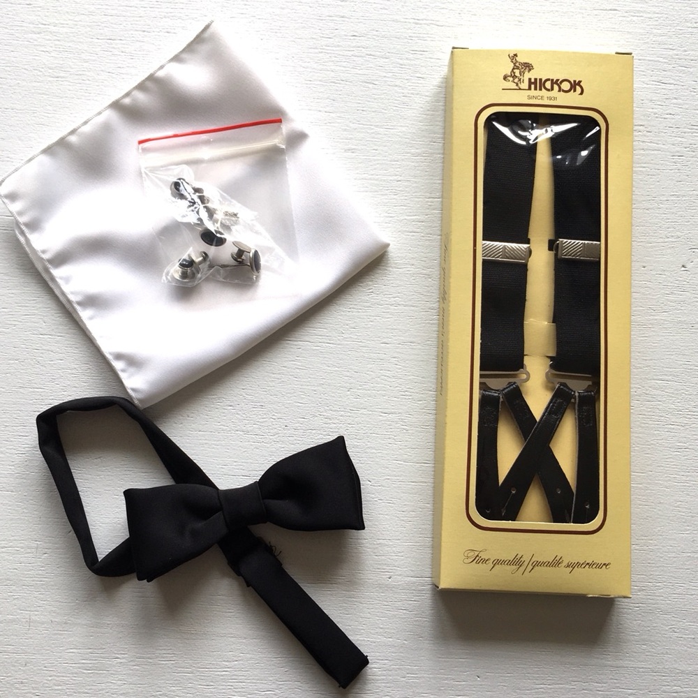 Vintage Suspenders, Black Bow Tie, White Pocket Square, Cuff Links & Studs